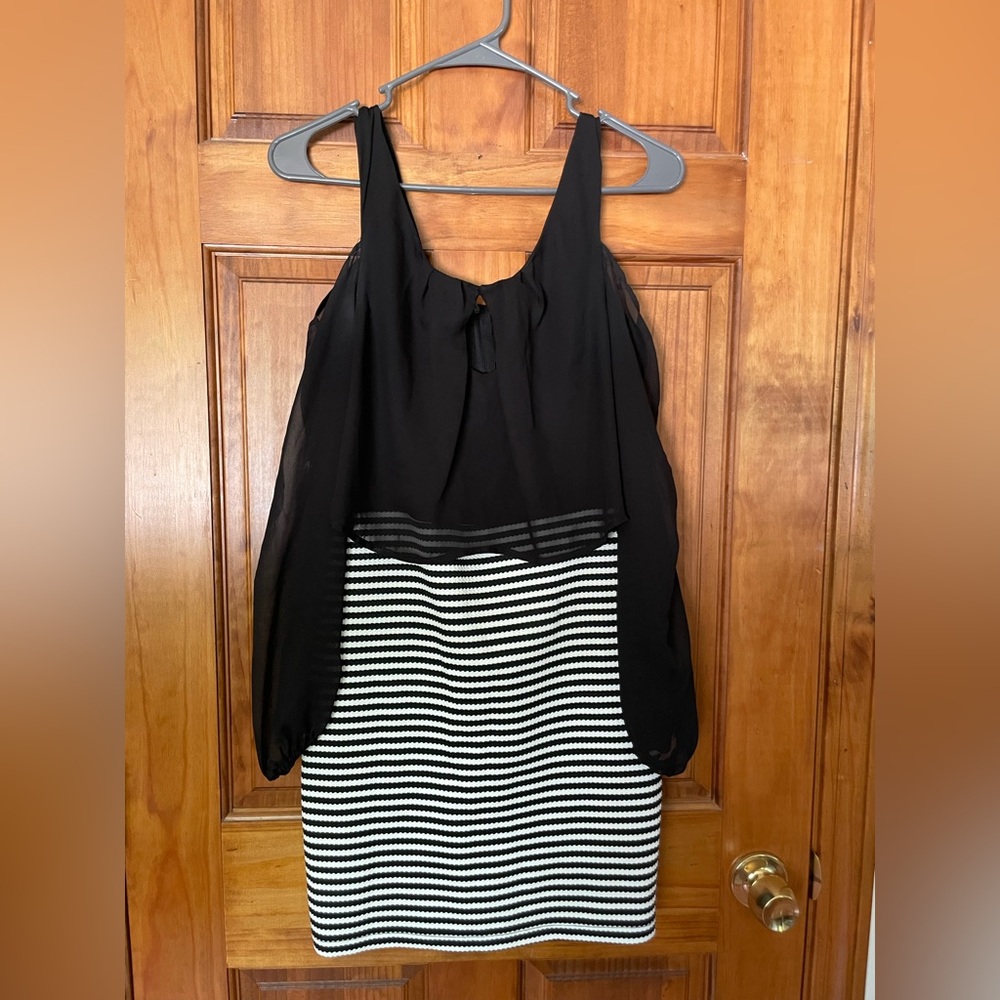 Black Chiffon Layered Top with Striped Knit Skirt